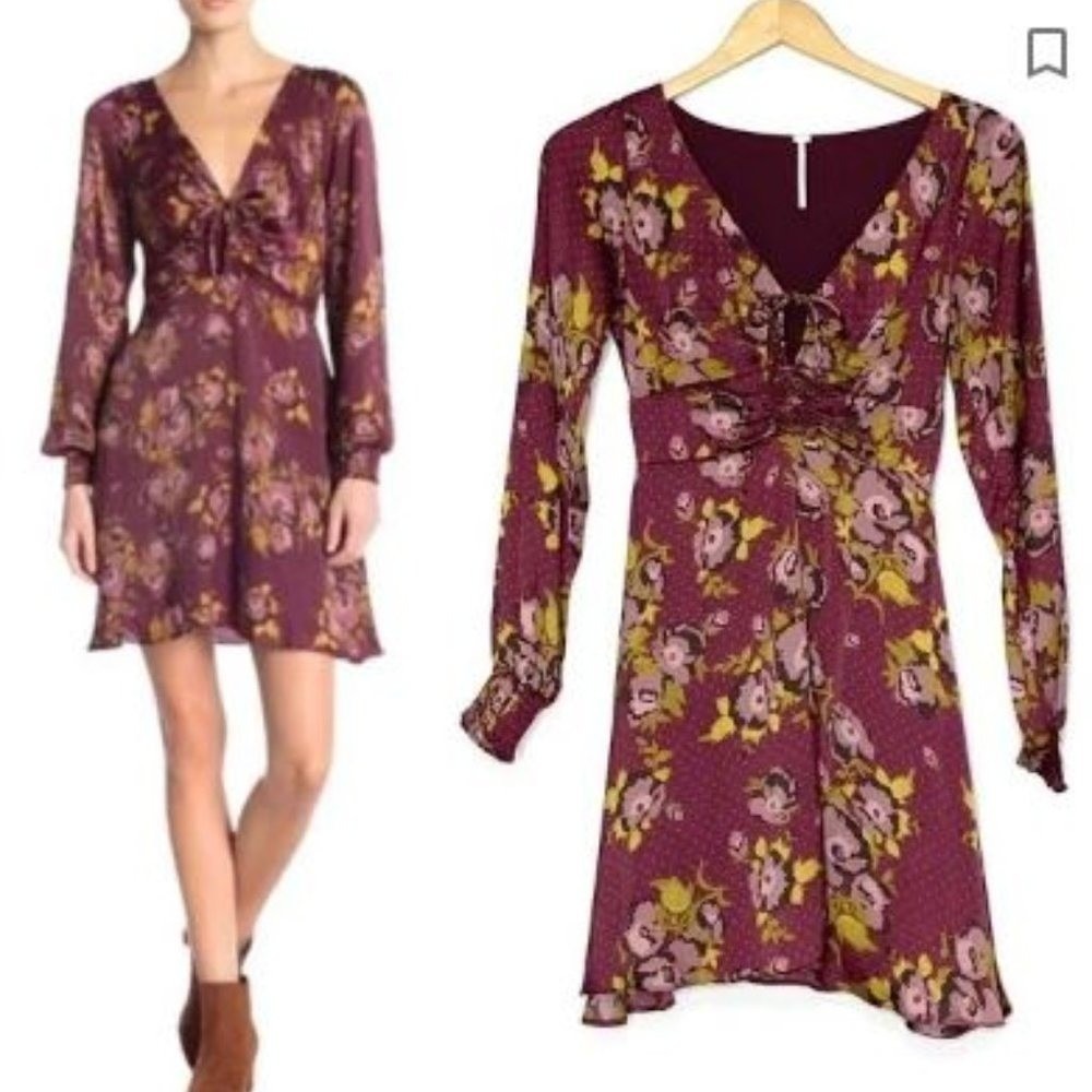 Free People Floral Polka Dot Mini Dress Plum Burgundy V-Neck Long Sleeve Smocked